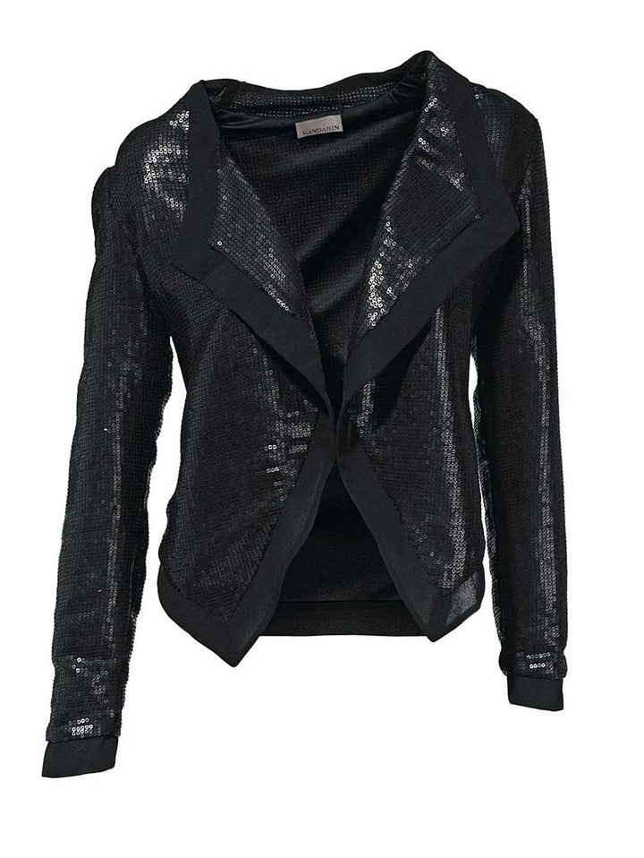 Mandarin Pailletten-Shirtjacke, schwarz