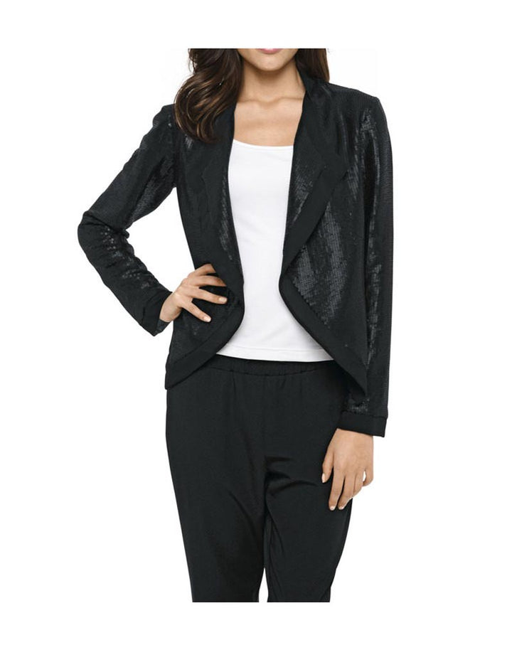 Mandarin Pailletten-Shirtjacke, schwarz