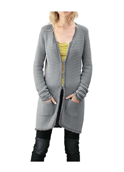 Mandarin Damen Strickjacke mit Kette, grau