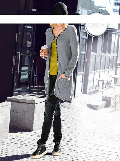 Mandarin Damen Strickjacke mit Kette, grau
