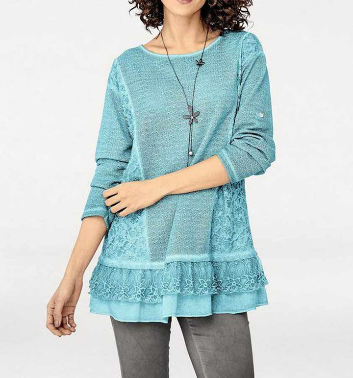 Linea Tesini Damen Designer-Spitzen-Strickshirt, türkis