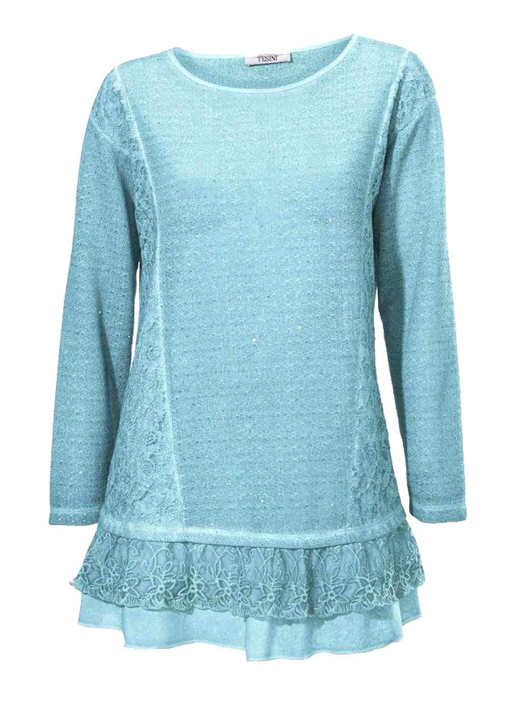 Linea Tesini Damen Designer-Spitzen-Strickshirt, türkis