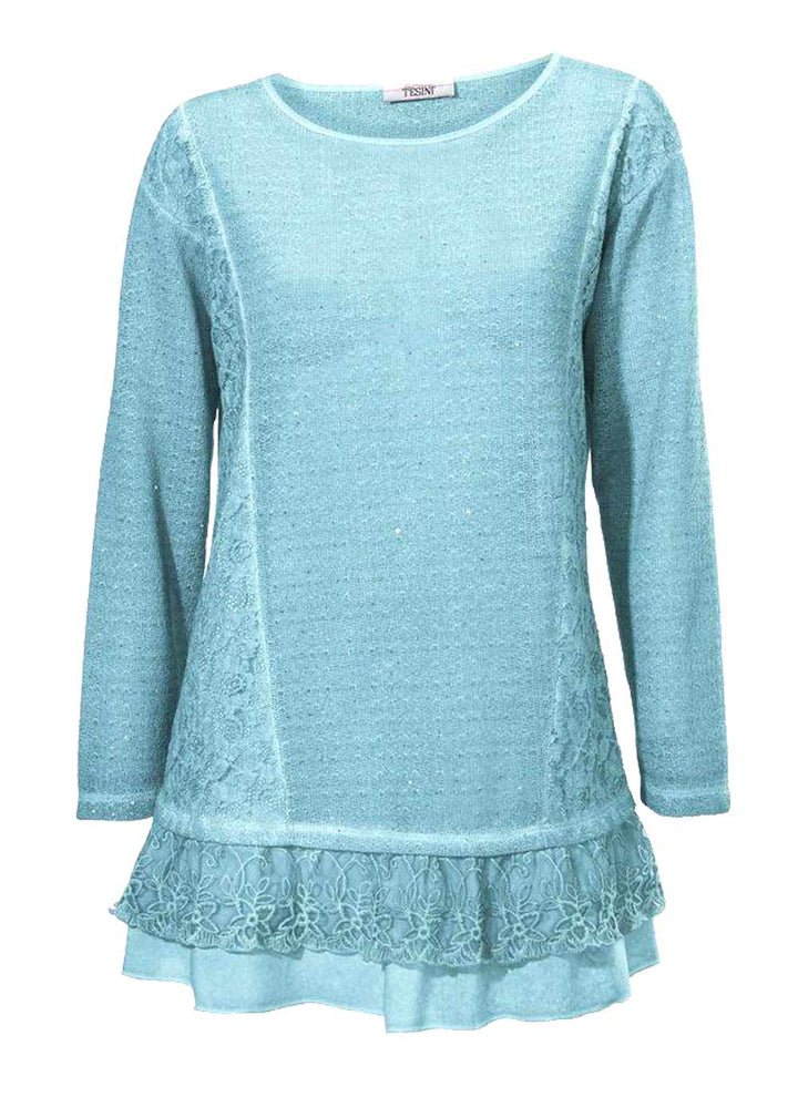 Linea Tesini Damen Designer-Spitzen-Strickshirt, türkis