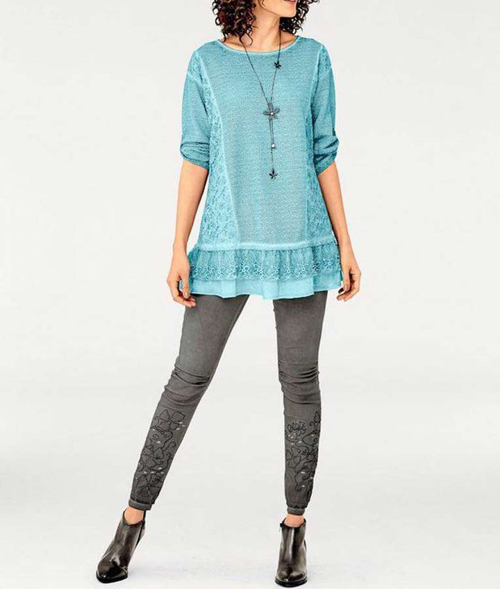 Linea Tesini Damen Designer-Spitzen-Strickshirt, türkis