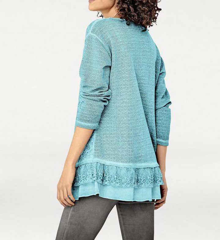 Linea Tesini Damen Designer-Spitzen-Strickshirt, türkis
