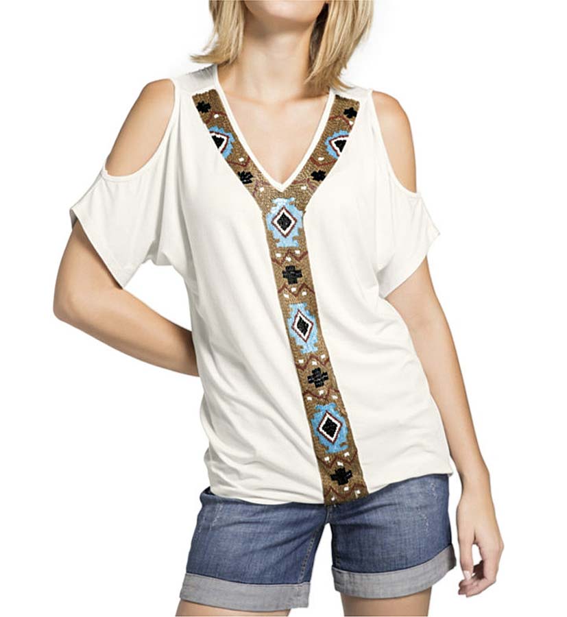 Mandarin Shirt mit Perlen, creme