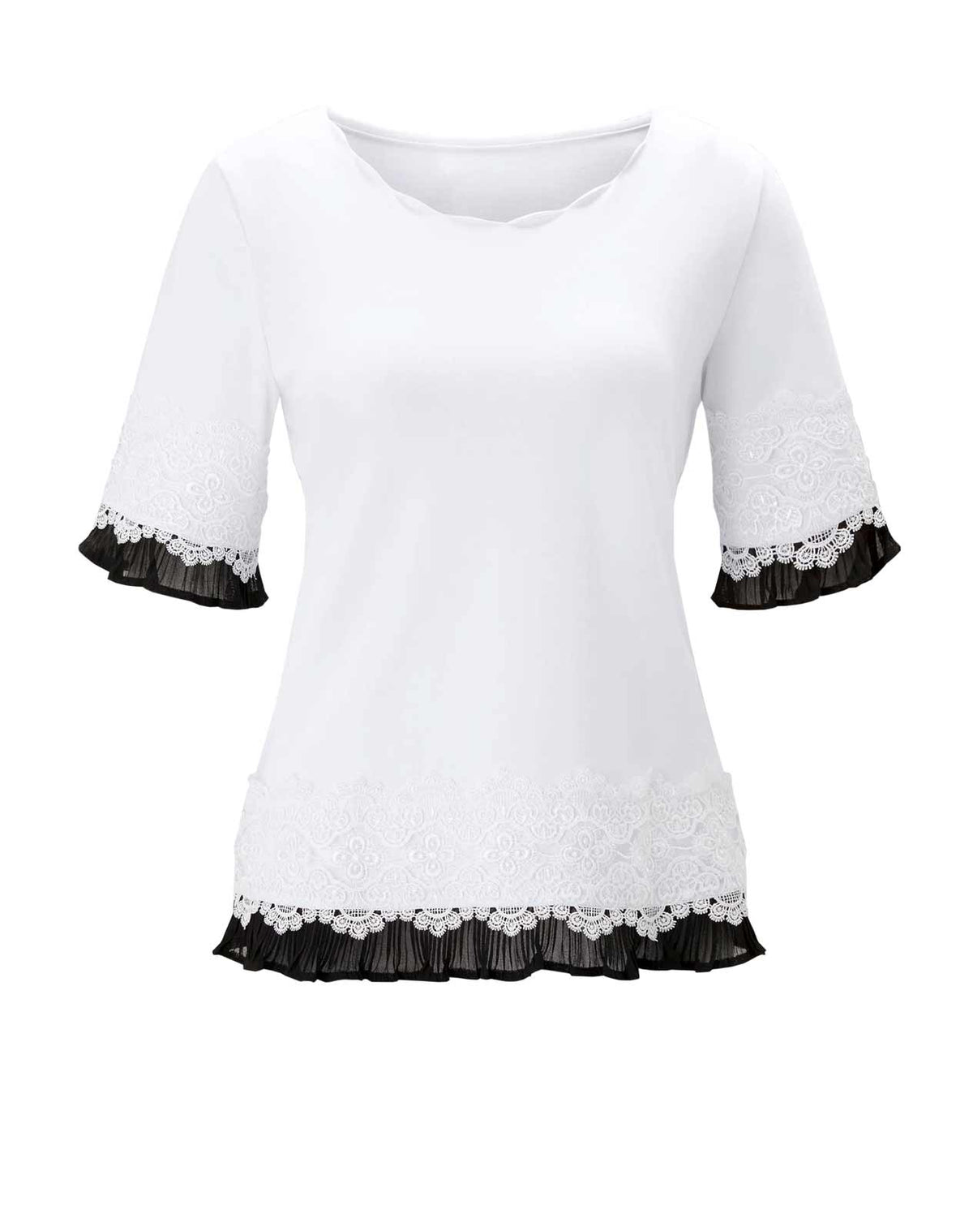 CRéATION L Damen Jerseyshirt mit Spitze, weiß-schwarz