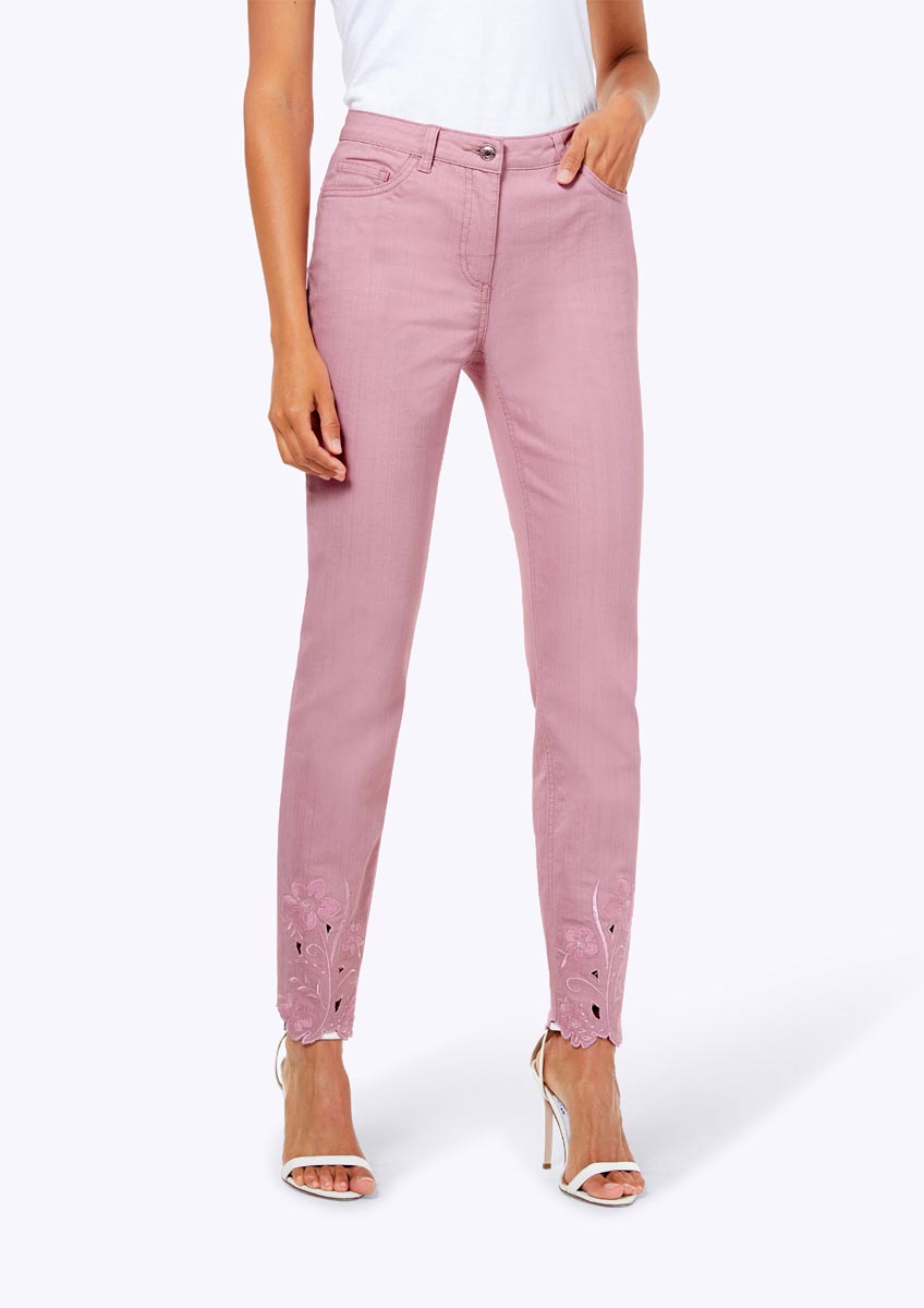 CRéATION L Damen Stretch-Jeans mit Stickerei, rosé