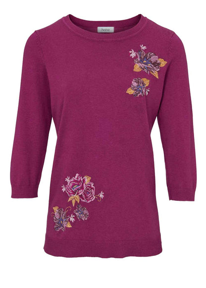 Heine Damen Feinstrickpullover mit Stickerei, beere
