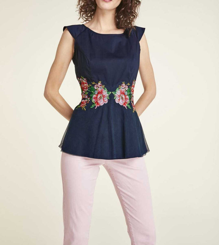 Heine Damen Blusentop mit Stickerei, nachtblau