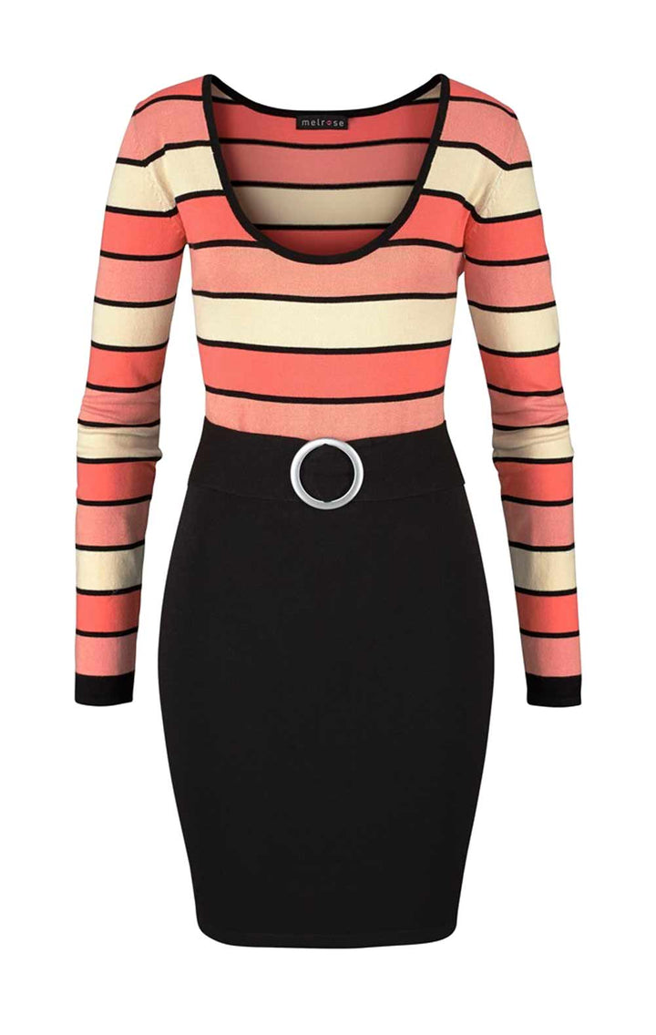 Melrose Damen Strickkleid mit Gürtel, koralle-schwarz