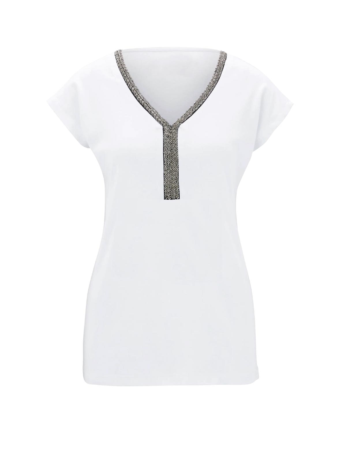 RICK CARDONA Damen Designer-Jerseyshirt mit Perlen, weiß