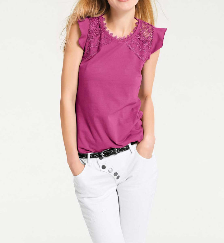Heine - Best Connections Damen Jerseyshirt mit Häkelspitze, pink