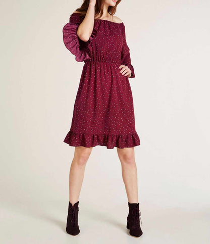 Heine Damen Carmen-Druckkleid, bordeaux