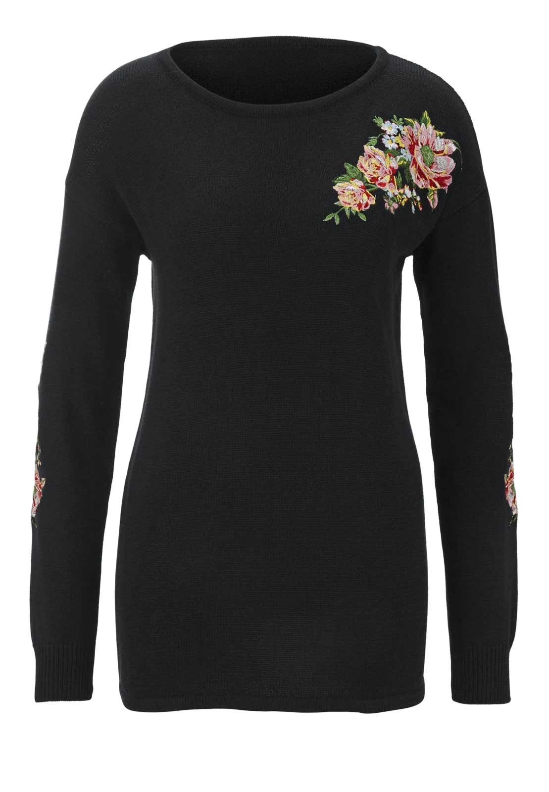 Heine Damen Longpullover mit Stickerei, schwarz-bunt