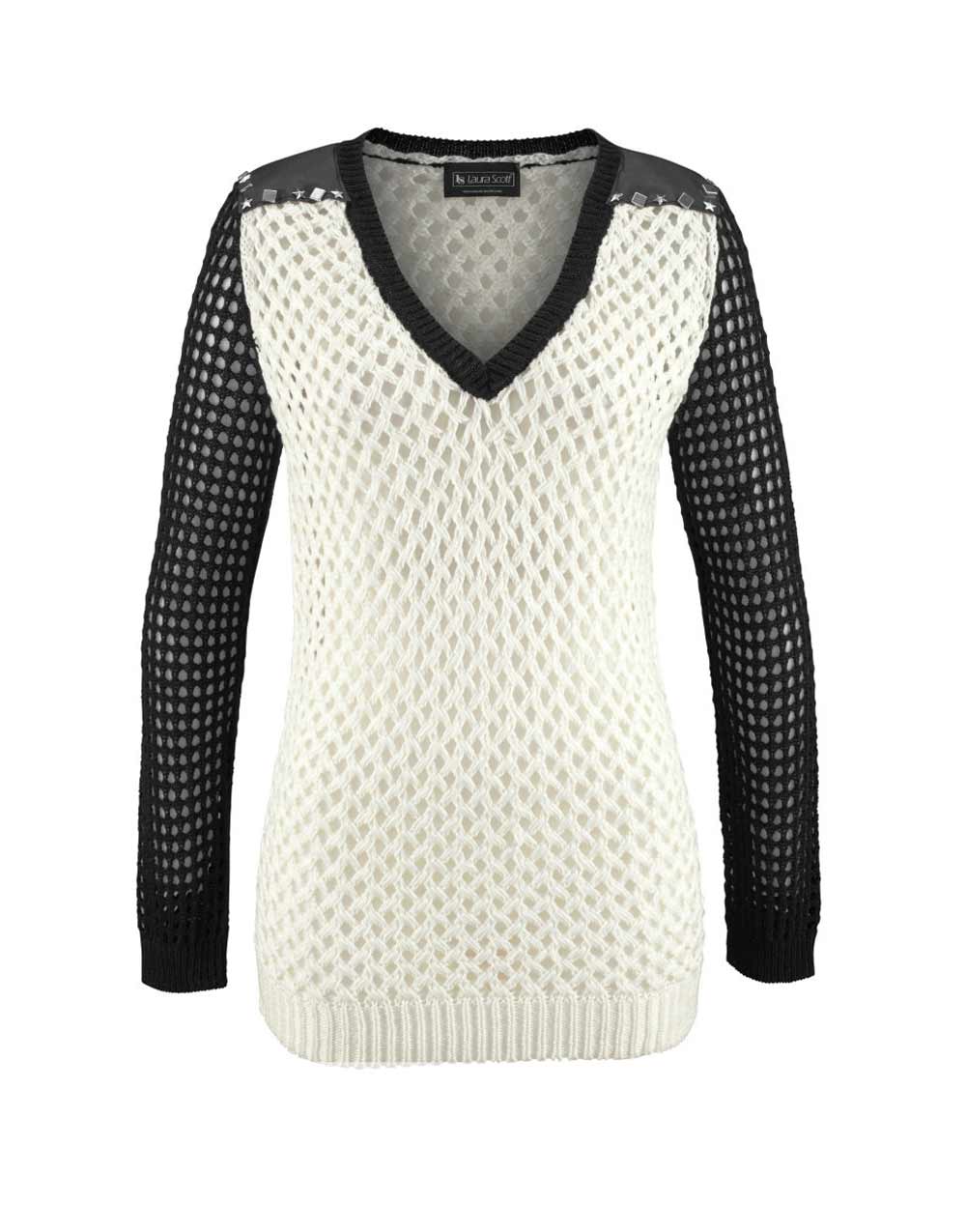 Laura Scott Damen Pullover mit Nieten, ecru-schwarz