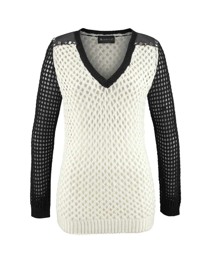 Laura Scott Damen Pullover mit Nieten, ecru-schwarz