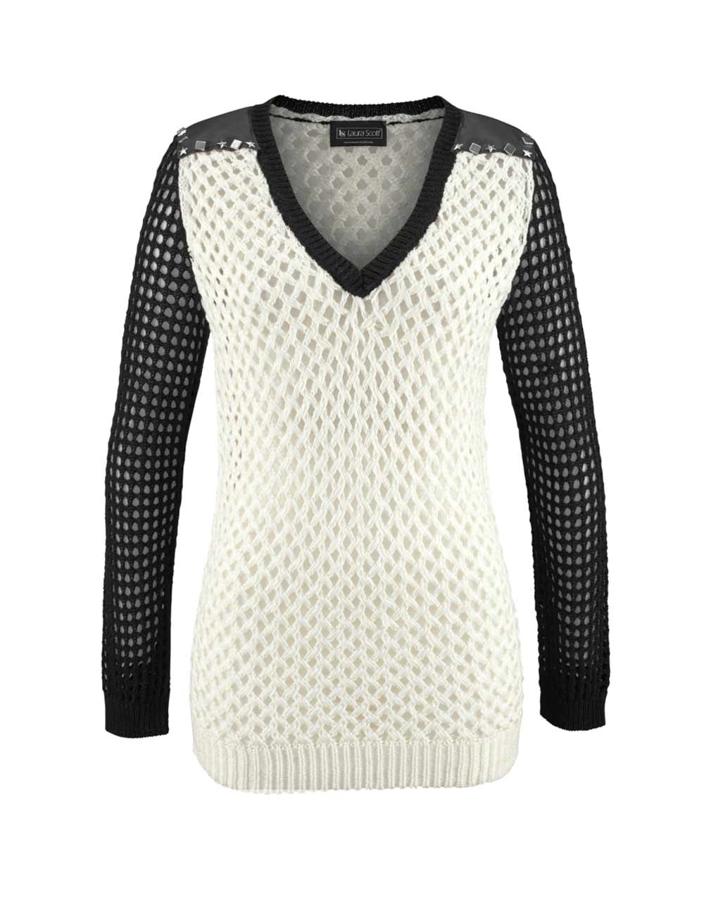 Laura Scott Damen Pullover mit Nieten, ecru-schwarz