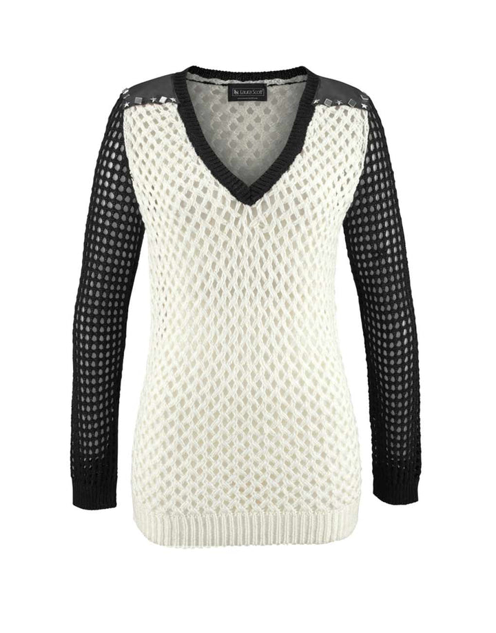 Laura Scott Damen Pullover mit Nieten, ecru-schwarz