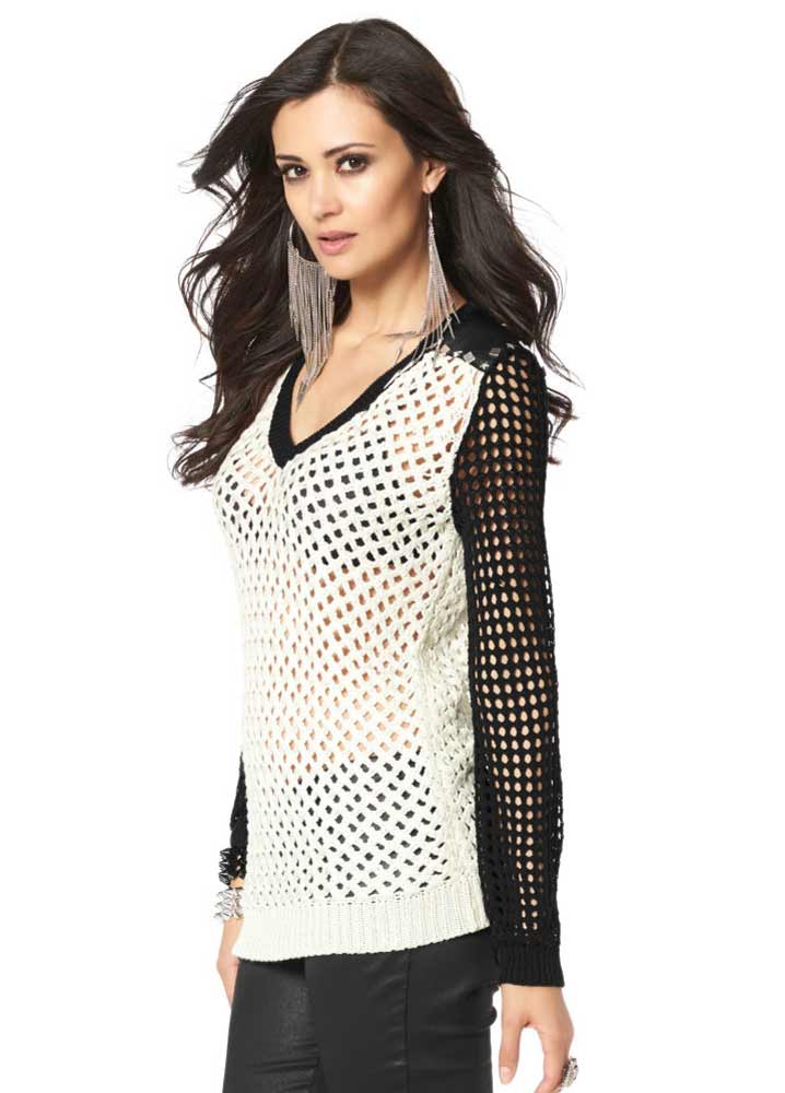 Laura Scott Damen Pullover mit Nieten, ecru-schwarz