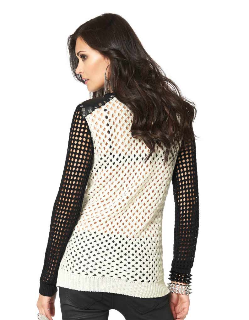 Laura Scott Damen Pullover mit Nieten, ecru-schwarz