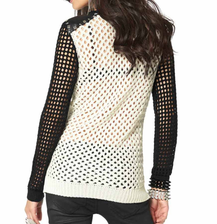 Laura Scott Damen Pullover mit Nieten, ecru-schwarz