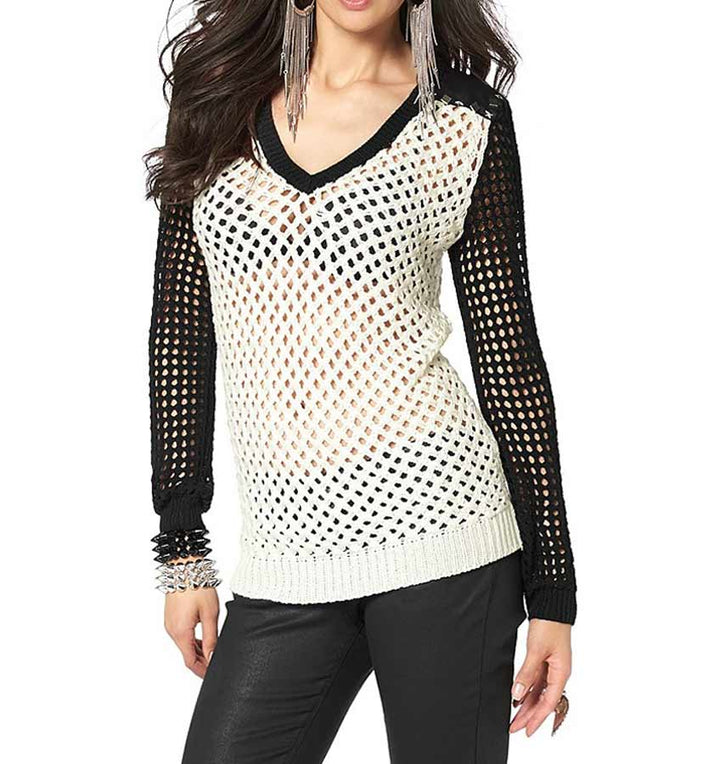 Laura Scott Damen Pullover mit Nieten, ecru-schwarz