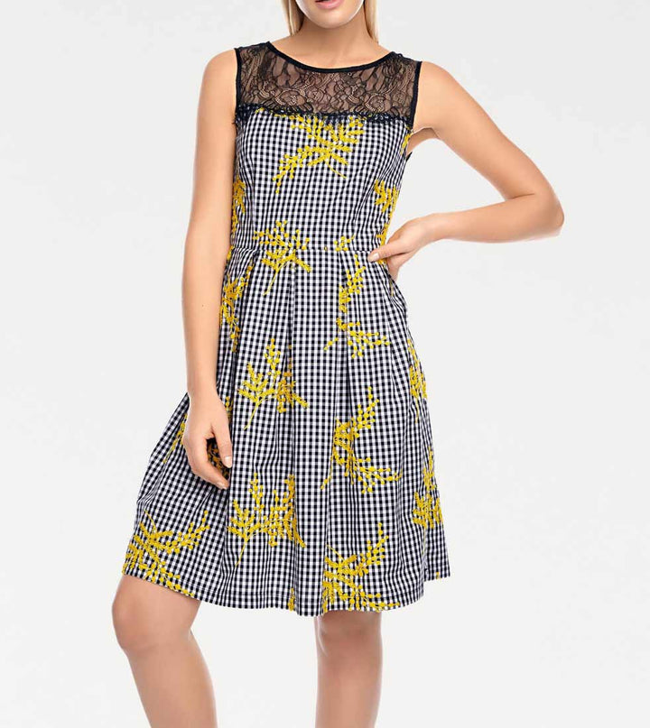 Rick Cardona Damen Designer-Kleid mit Spitze, schwarz-gelb