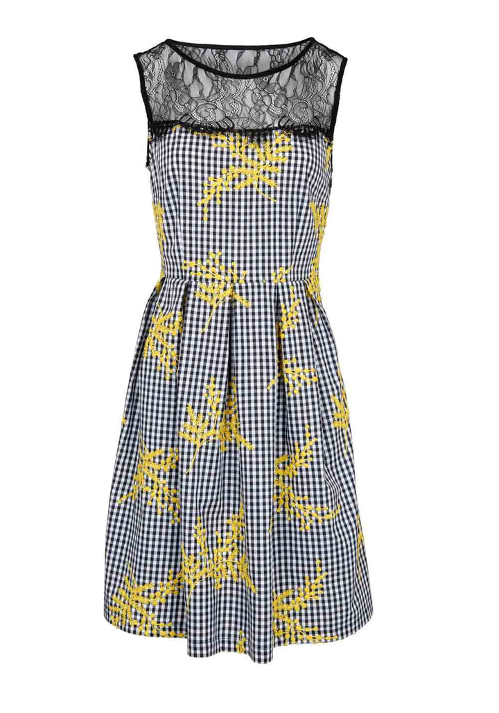 Rick Cardona Damen Designer-Kleid mit Spitze, schwarz-gelb