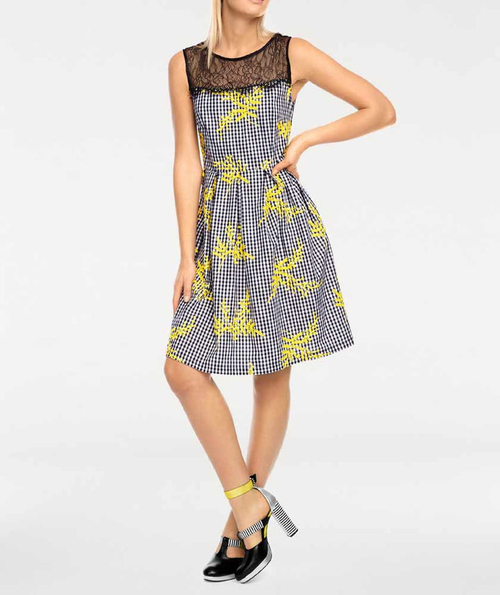 Rick Cardona Damen Designer-Kleid mit Spitze, schwarz-gelb