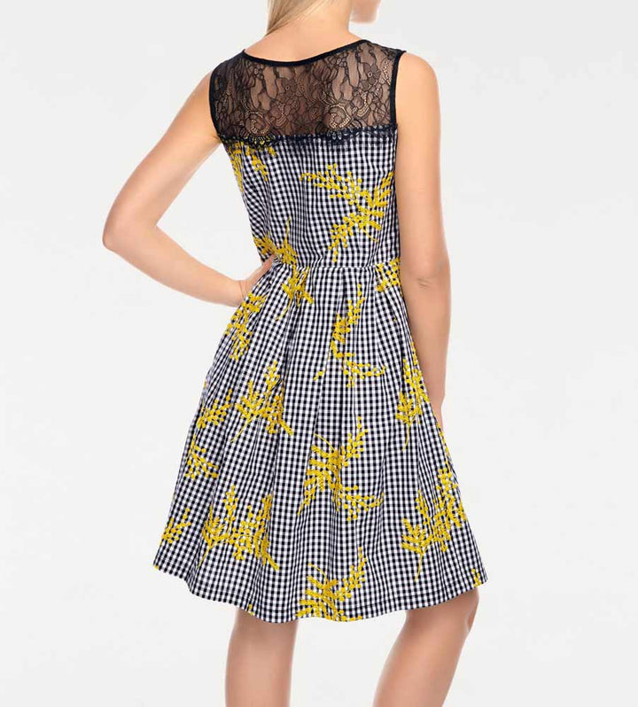 Rick Cardona Damen Designer-Kleid mit Spitze, schwarz-gelb