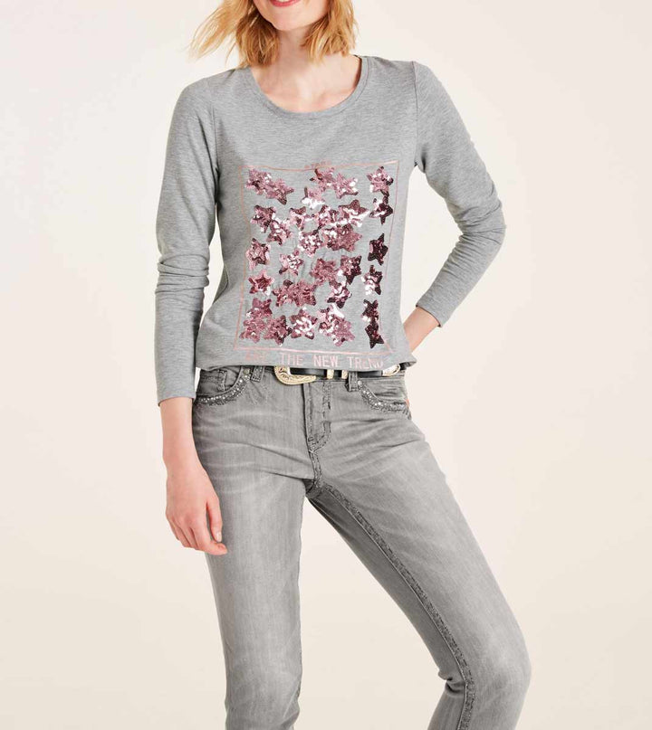 Heine Damen Jerseyshirt m. Pailletten, grau-melange