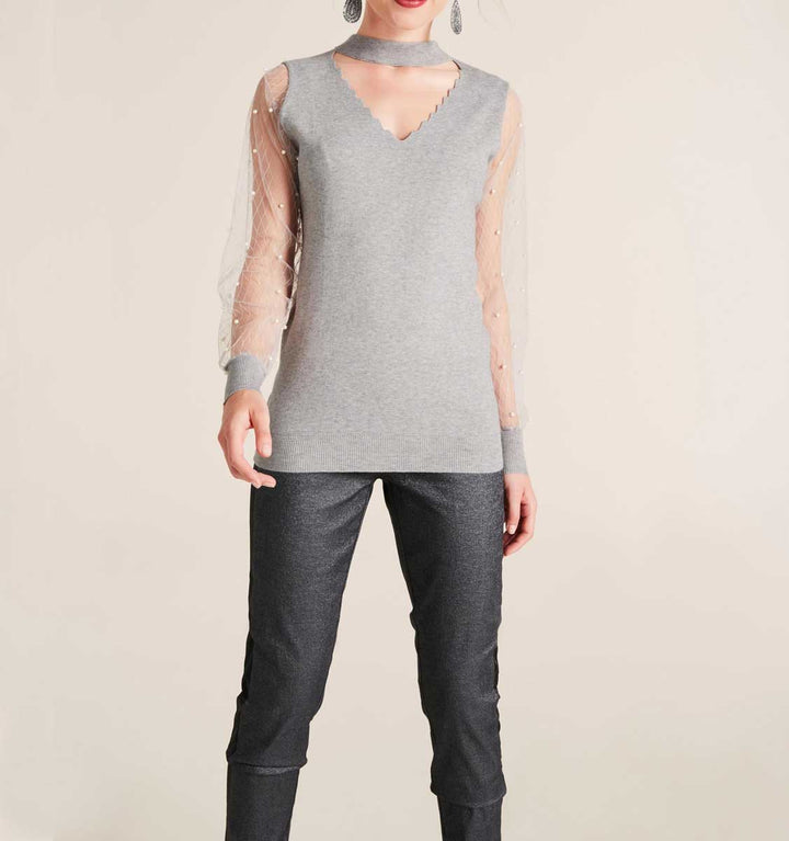 Heine Damen Feinstrickpullover mit Perlen, grau-melange