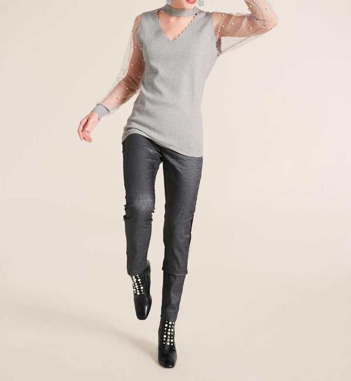 Heine Damen Feinstrickpullover mit Perlen, grau-melange