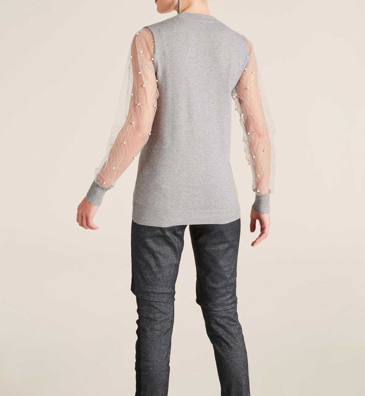 Heine Damen Feinstrickpullover mit Perlen, grau-melange