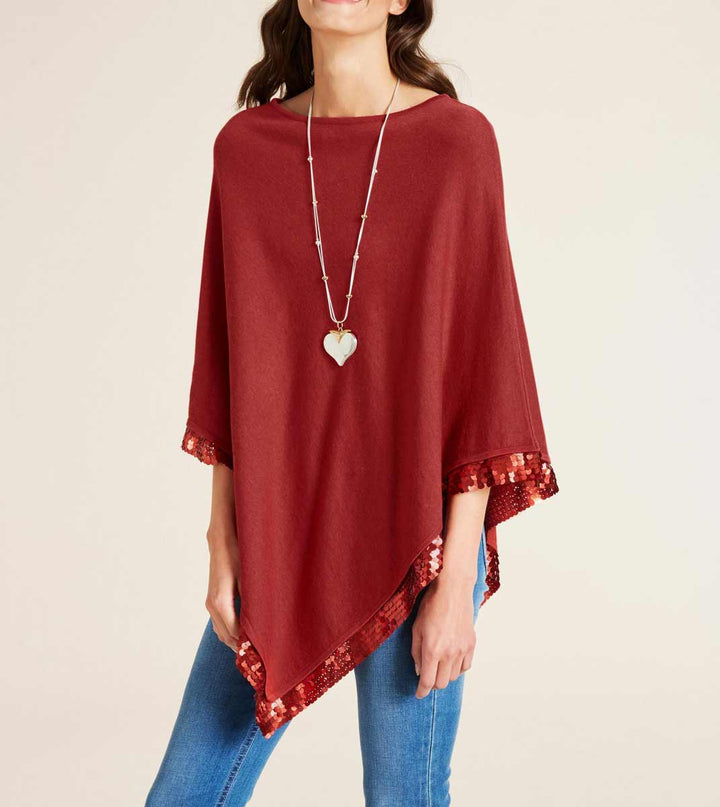 Ashley Brooke Damen Designer-Feinstrickponcho mit Pailletten, kastanie