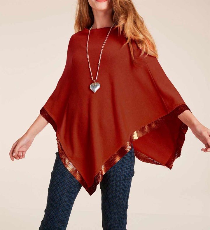 Ashley Brooke Damen Designer-Feinstrickponcho mit Pailletten, kastanie