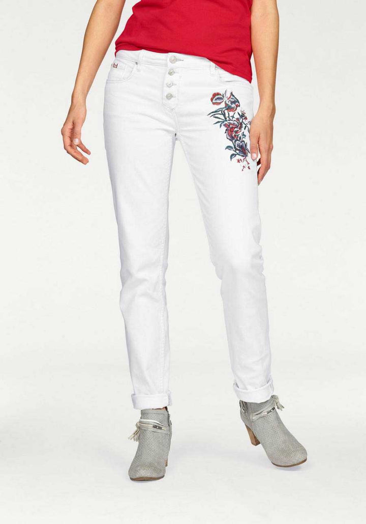 H.i.s. Damen Marken-Jeans "MONROE" mit Stickerei, weiß, 31 inch