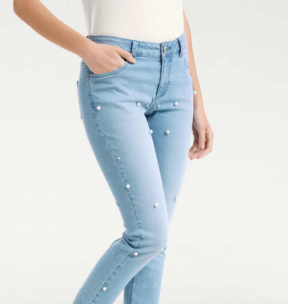 Patrizia Dini Damen Designer-Jeans mit Perlen, hellblau
