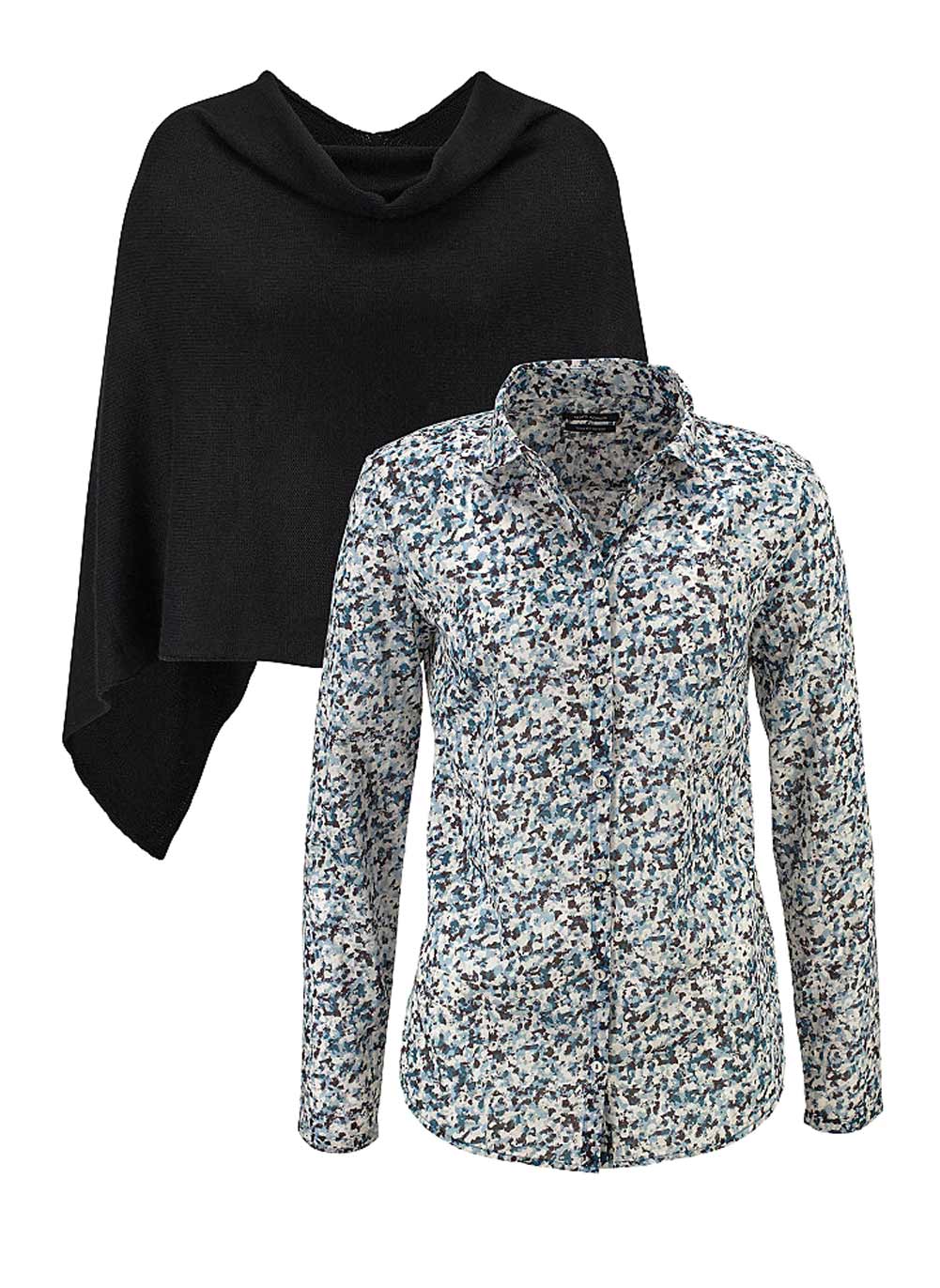 Marc O´polo Damen Marken-Bluse + Poncho, schwarz-grau-blau