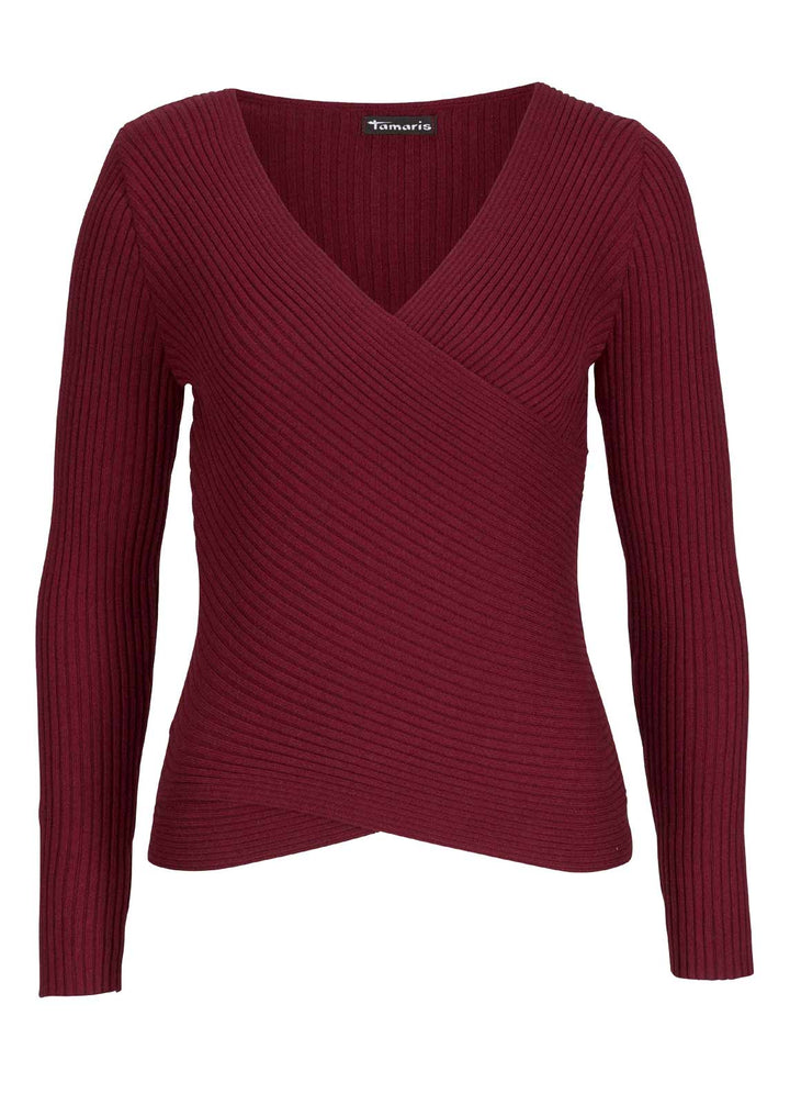 Tamaris Damen Marken-Rippenstrickpullover, dunkelrot