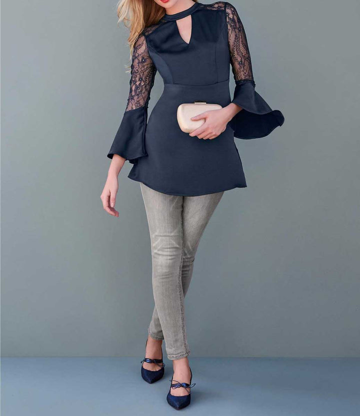 HEINE Damen Bluse mit Spitze, nachtblau