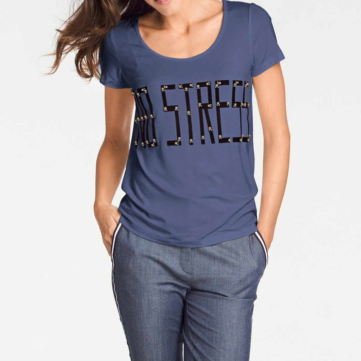 Patrizia Dini Damen Designer-Shirt mit Perlen, jeansblau
