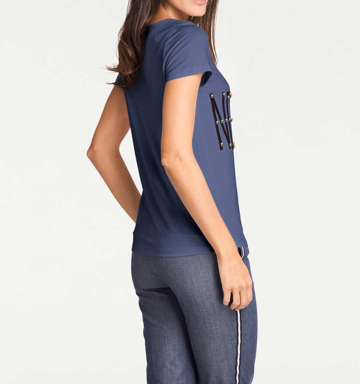 Patrizia Dini Damen Designer-Shirt mit Perlen, jeansblau