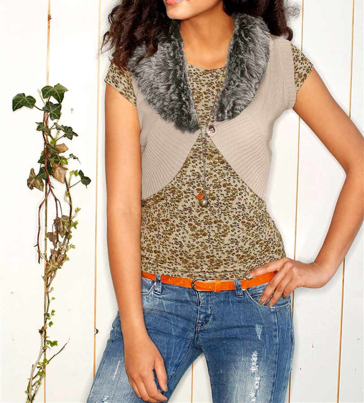 AJC Damen Strickweste mit Fell, beige