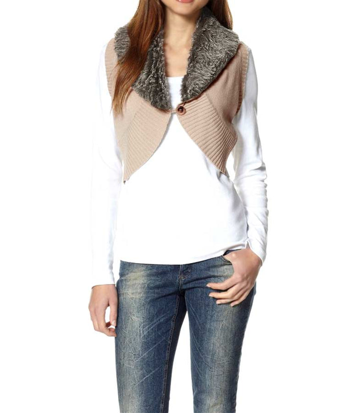 AJC Damen Strickweste mit Fell, beige