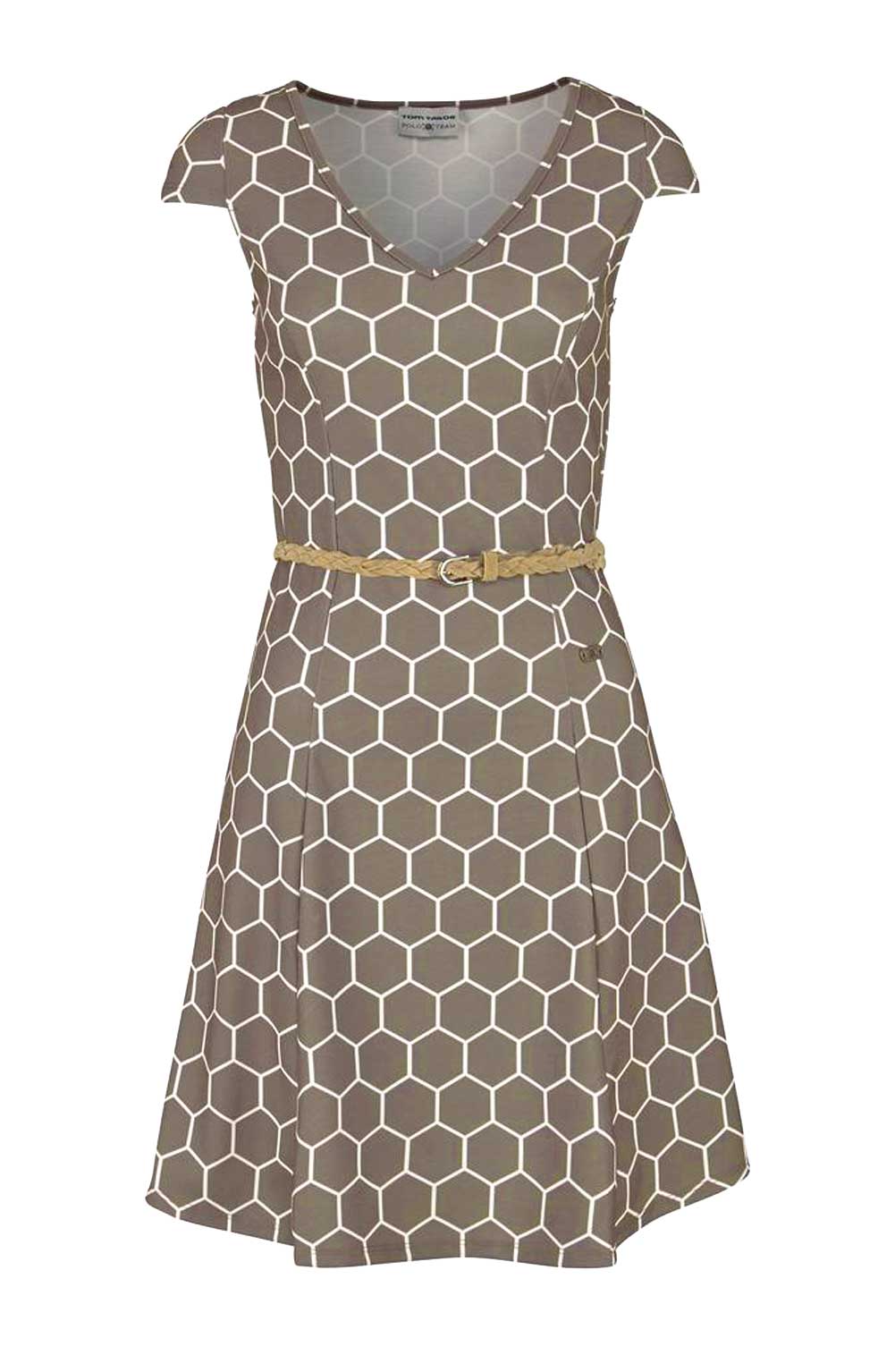 Tom Tailor Damen Marken-Jerseykleid mit Gürtel, taupe-weiß