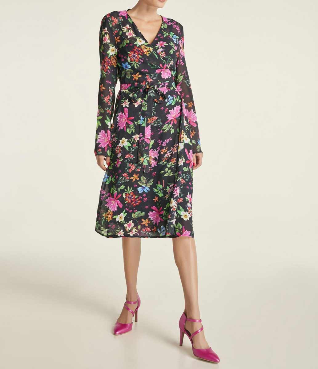 Heine Damen Georgette-Wickelkleid, schwarz-bunt