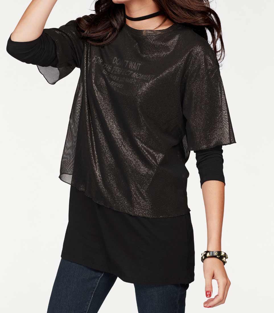Aniston Damen 2-in-1-Longshirt, schwarz-gold