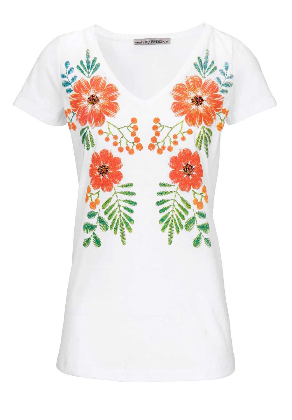 Ashley Brooke Damen Designer-Shirt mit Perlenstickerei, weiß-bunt